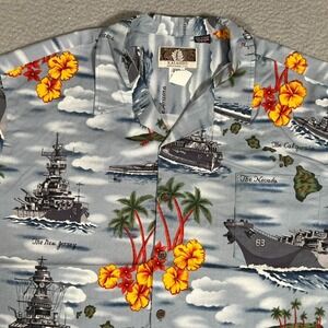 Kalaheo Shirt Mens 2XL Blue Navy Ships Hawaiian Casual Preppy Made in USA Pocket